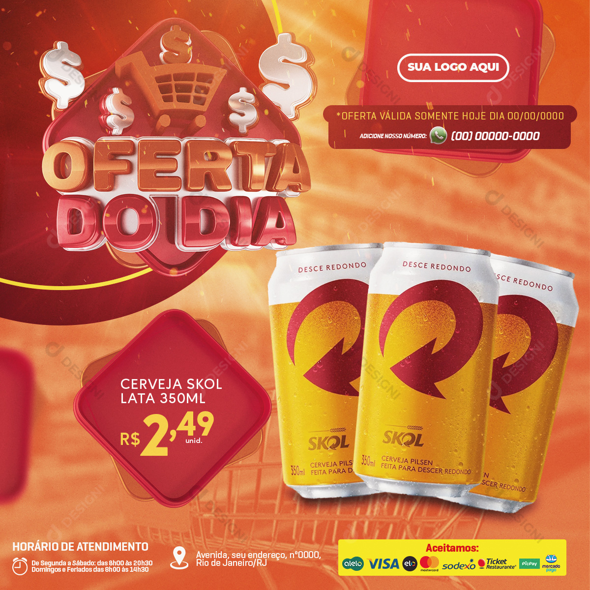 Oferta do Dia Supermercado Cerveja Skol 350ml Social Media PSD Editável