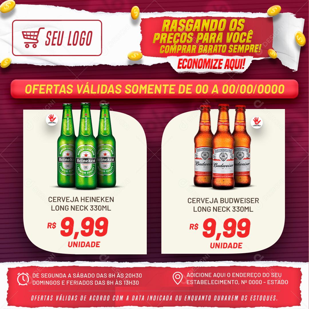 Supermercado Cerveja Heineken e Budweiser Rasgando Os Preços Social Media PSD Editável