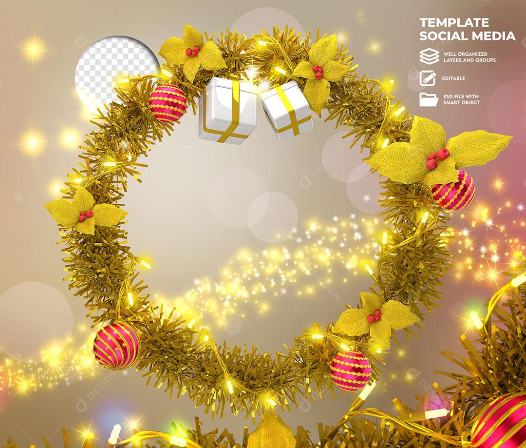Selo 3D para Composição Feliz Natal E Feliz Ano Novo Com Guirlanda