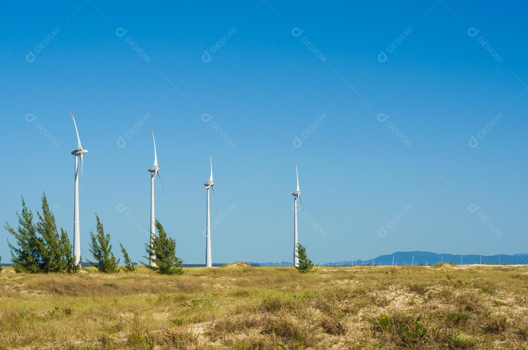 Energia renovável e sustentável. Campo de vento com turbinas eólicas, produzindo energia eólica
