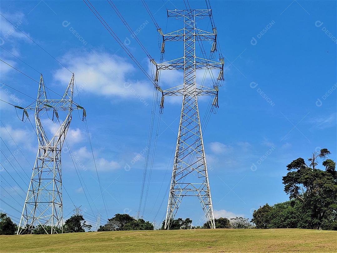 Torres de transmissão de energia sobre campo floresta