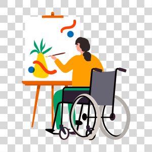 Desenho de cadeirante pintando quadro folhas [download] - Designi