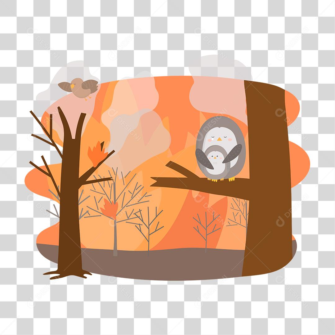 desenho de uma floresta pegando fogo e coruja triste com filhote [download]  - Designi