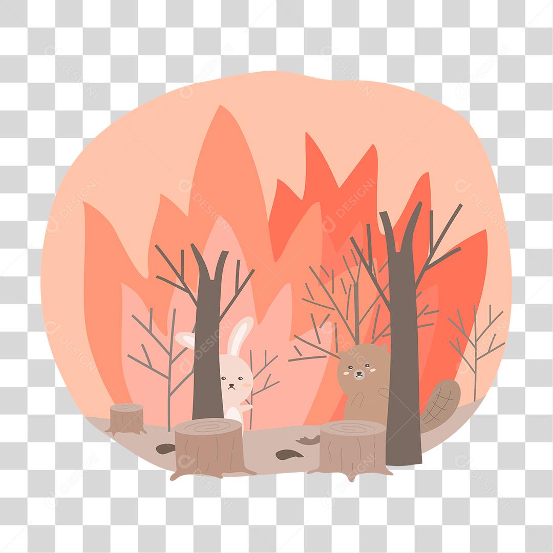 desenho de uma floresta pegando fogo e castores tristes [download] - Designi