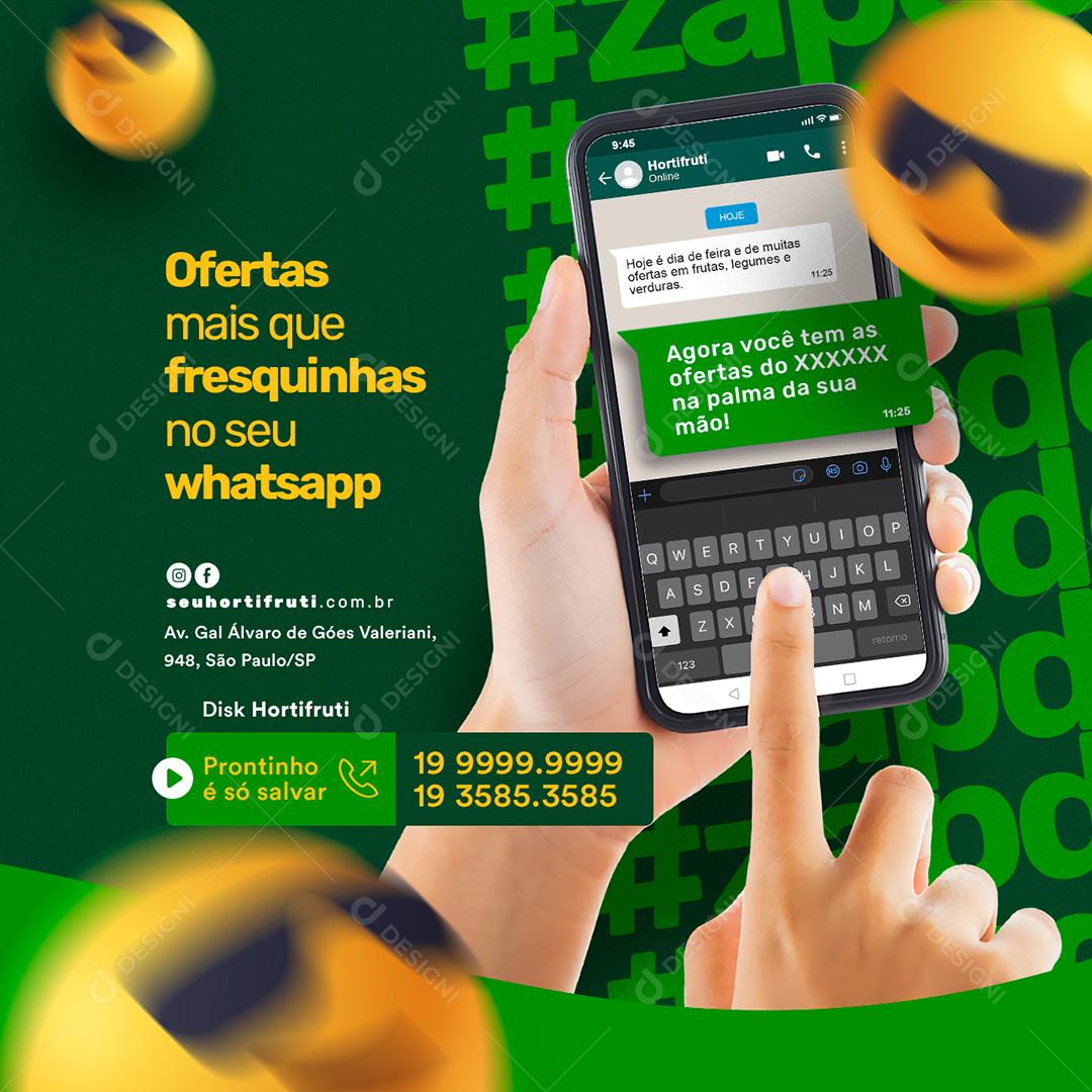 Social Media Ofertas mais que fresquinhas no seu Whatsapp Hortifrúti PSD Editável