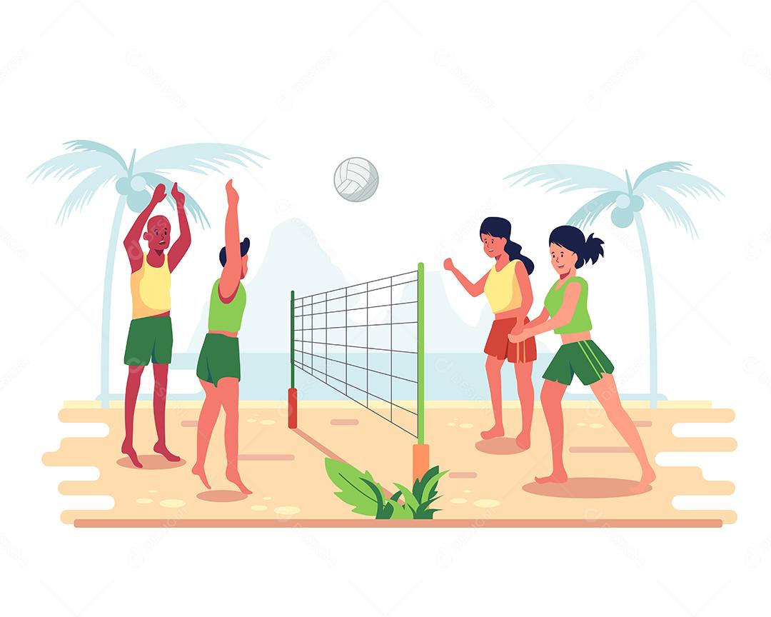 festa na praia. atividades de férias de verão. jovens jogando vôlei na  costa arenosa e ouvindo música. esporte, tropical, verão. jogo de bola.  11432561 Vetor no Vecteezy