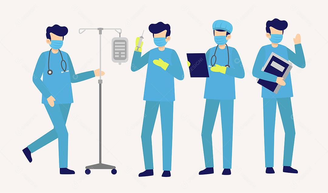 Um desenho animado de uma médica com um conjunto de itens médicos