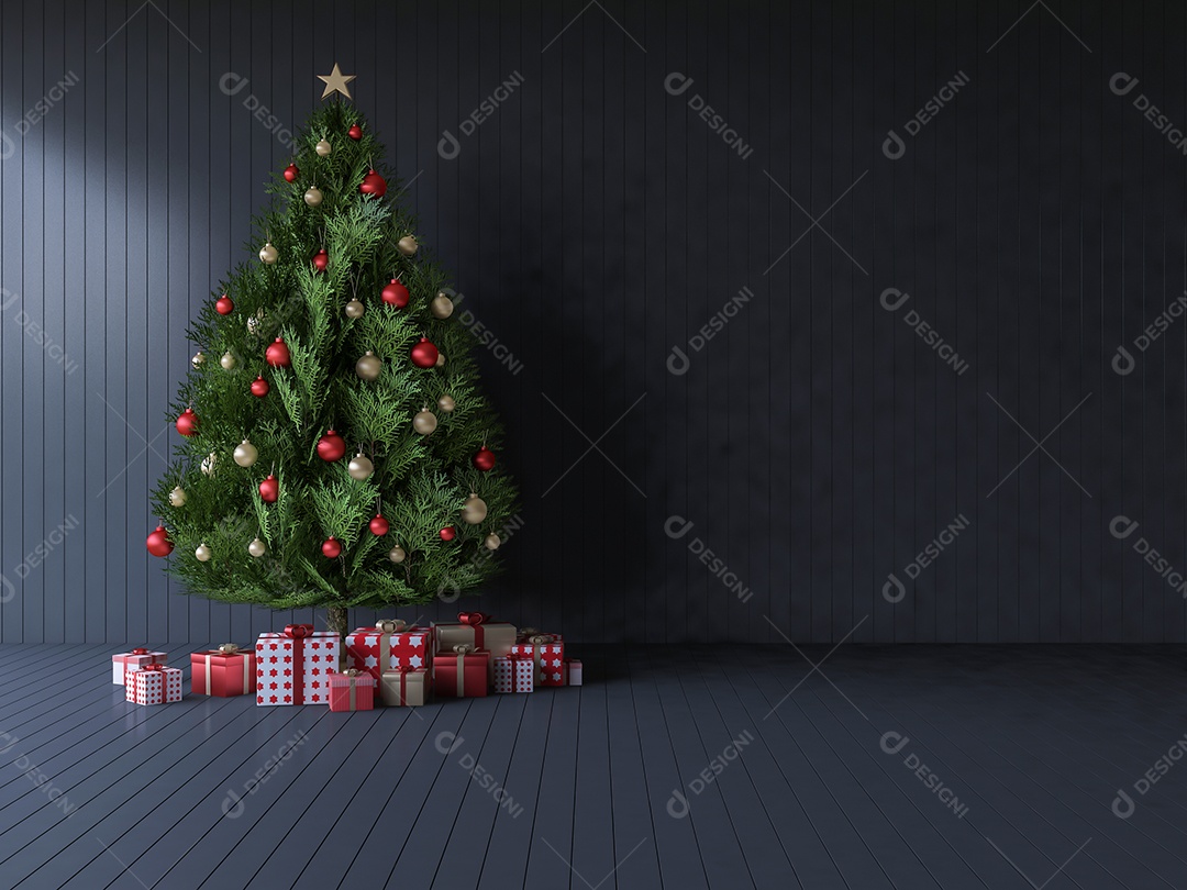 Arvore de natal decorada por caixas de presente de bola dourada e vermelha  atadas na sala que têm piso e parede de madeira. [download] - Designi