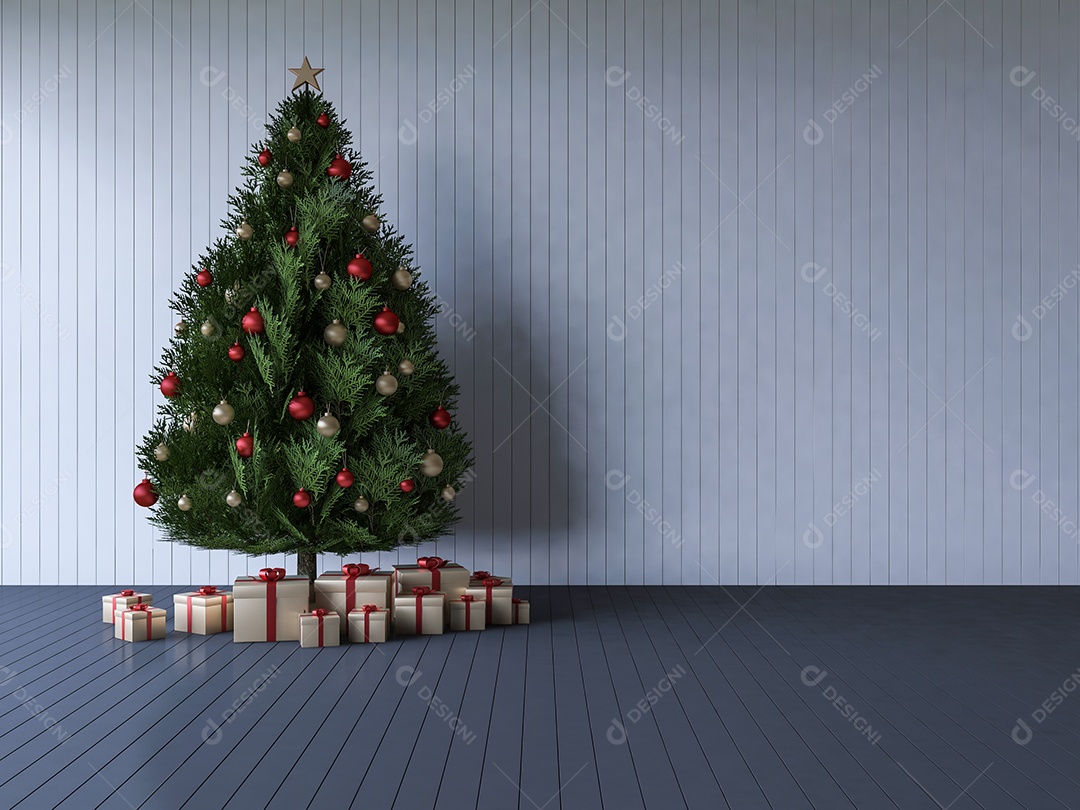 Arvore de natal decorada por bola dourada e vermelha e caixas de presente  vermelhas atadas na sala que têm piso e parede de madeira. [download] -  Designi