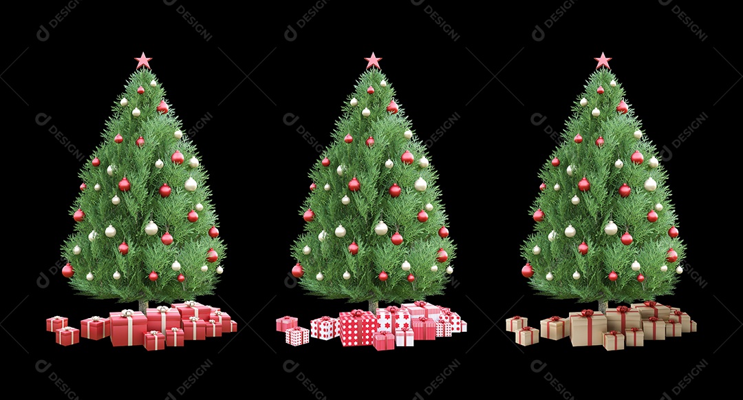 Arvore de natal decorada por bolas douradas e vermelhas e caixas de  presente. Isolado em fundo preto. feliz ano novo e feliz natal conceito.  [download] - Designi
