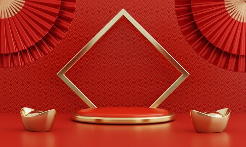 vitrine de produto de pódio vermelho e branco estilo ano novo chinês com  ouro e presente