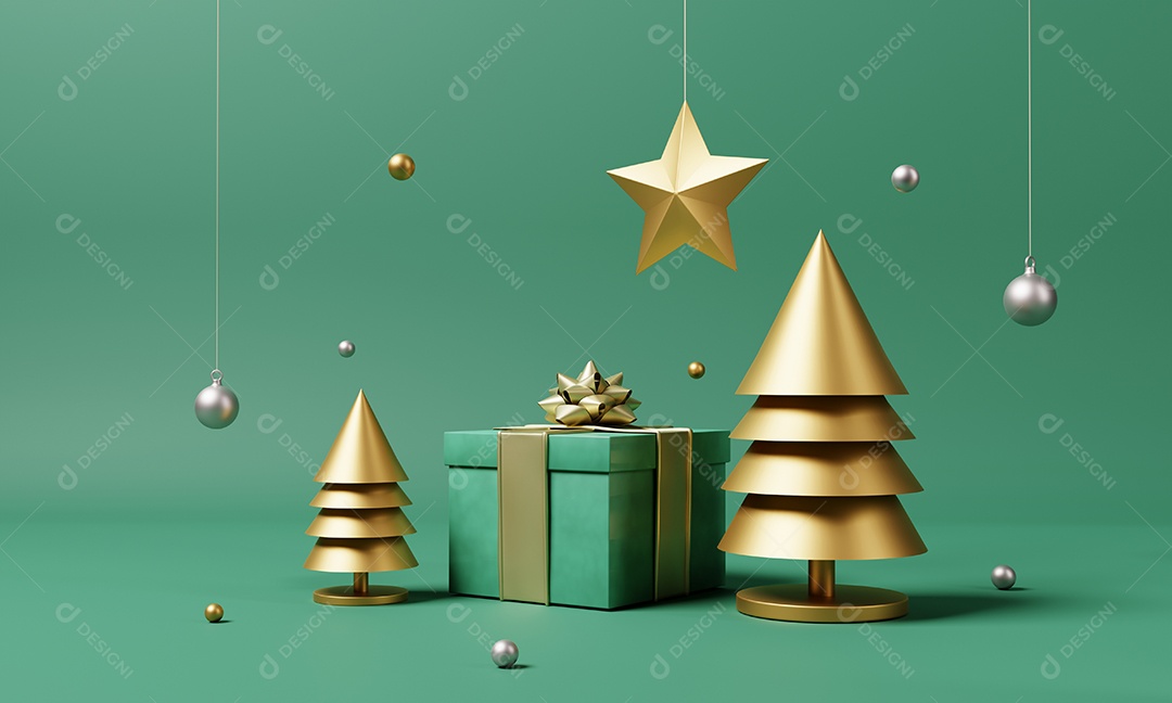 Decoração de Natal e ornamento com árvore de Natal dourada e floco de neve  sobre fundo verde [download] - Designi