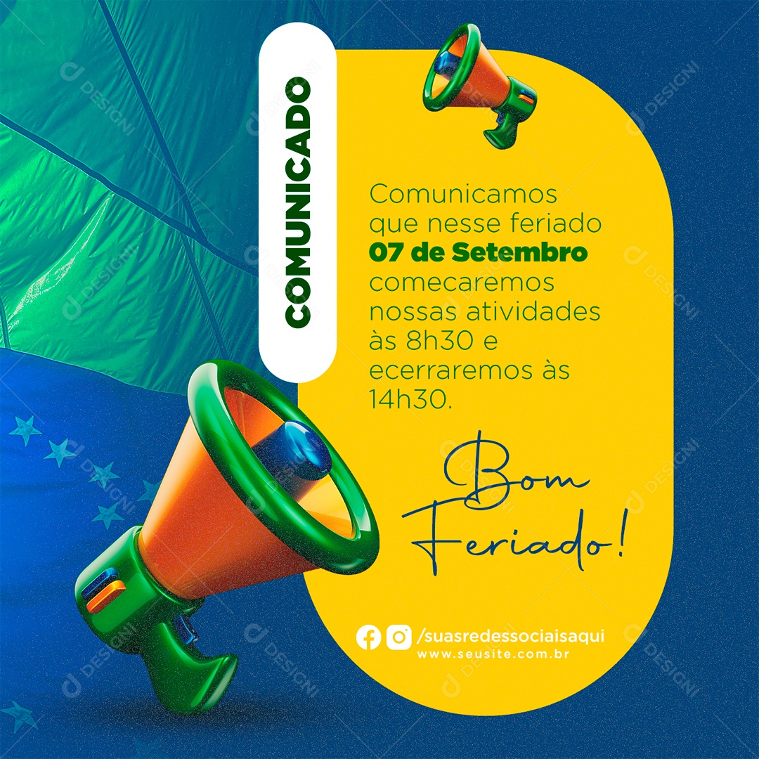 Comunicado Bom Feriado Da Independência do Brasil Social Media PSD Editável  [download] - Designi