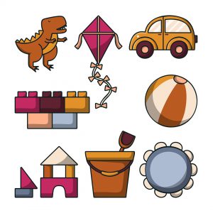 Conjunto de ícones de itens de bebê com brinquedos e acessórios