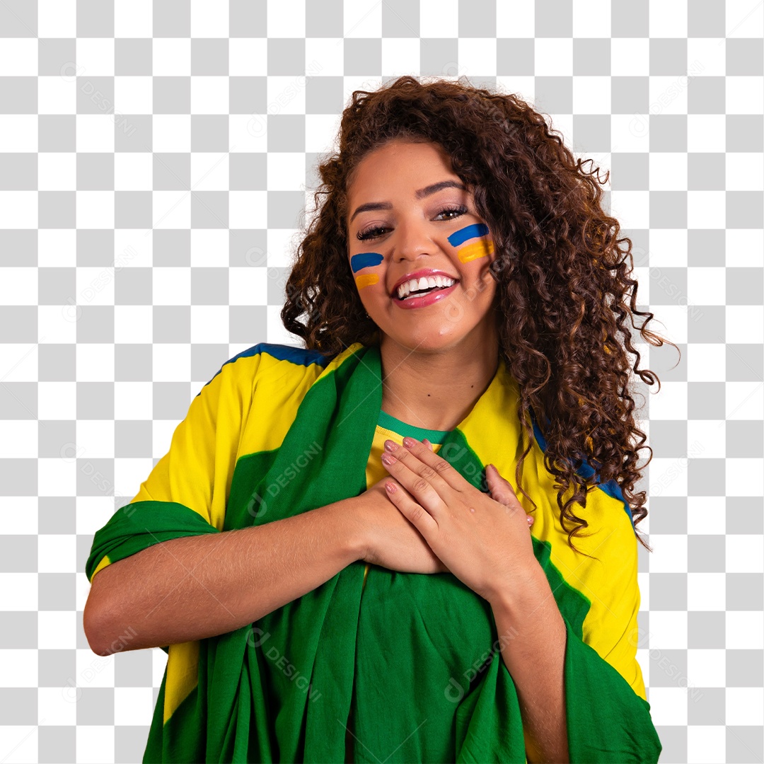 Linda mulher jovem morena com a bandeira do brasil com a mão sobre