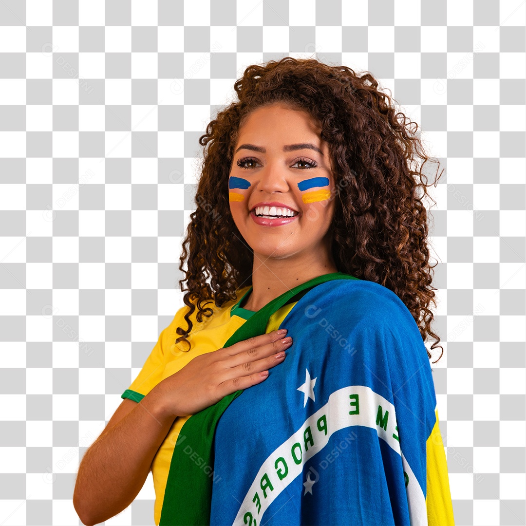 Linda mulher jovem morena segurando bandeira do brasil com a mão sobre o  peito Honra e glória [download] - Designi