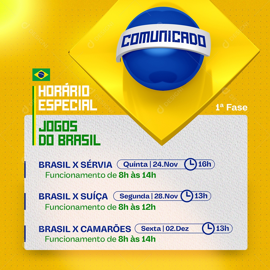 Comunicado Importante Estaremos Abertos! em Todos os Jogos do Brasil  Durante a Copa Social Media PSD Editável [download] - Designi