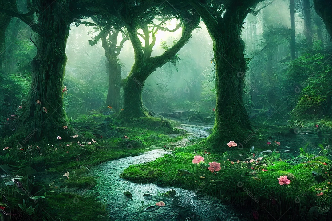 Uma bela floresta encantada de conto de fadas com grandes árvores