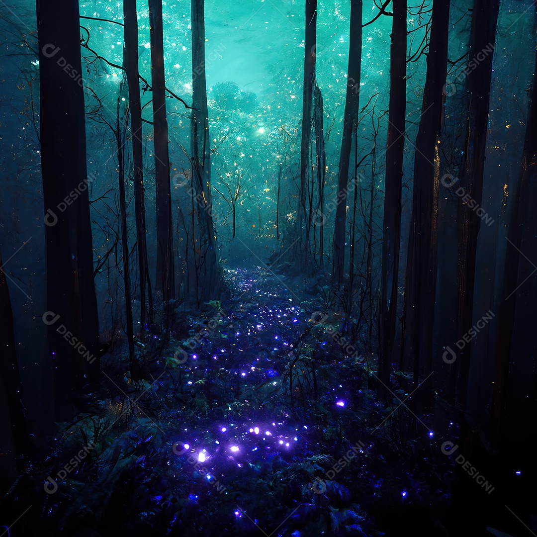 mágico fantasia fada conto cenário, noite dentro uma floresta