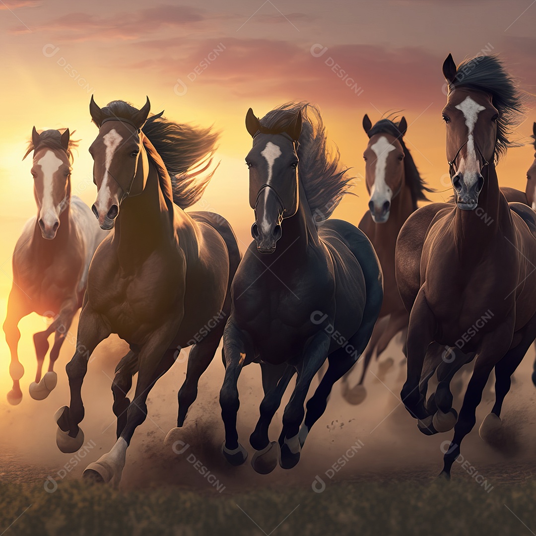imagem de uma manada de belos cavalos correndo em um pôr do sol