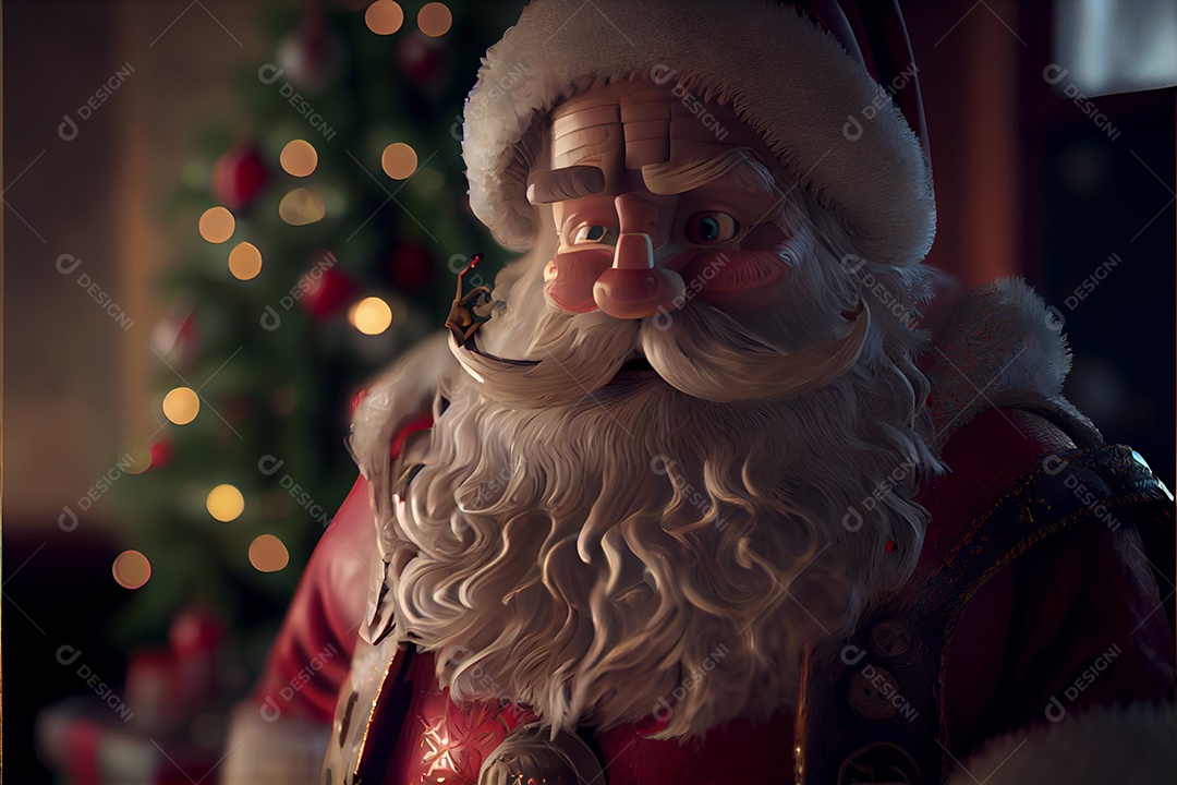 Papai Noel segurando presentes Há uma árvore de Natal decorada ao fundo  [download] - Designi