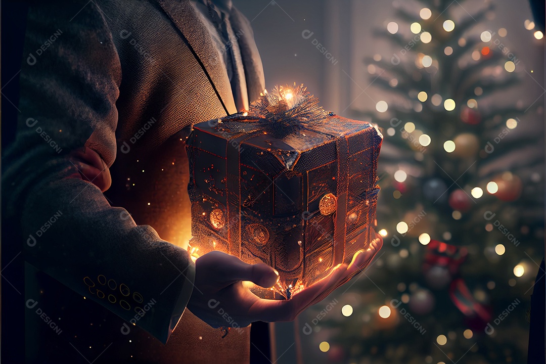 mão segurando um presente Há uma árvore de Natal decorada ao fundo com  luzes [download] - Designi