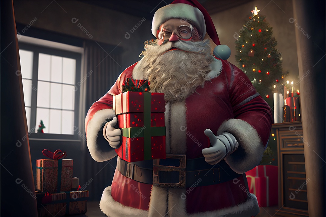 Papai Noel segurando presentes Há uma árvore de Natal decorada ao fundo  [download] - Designi