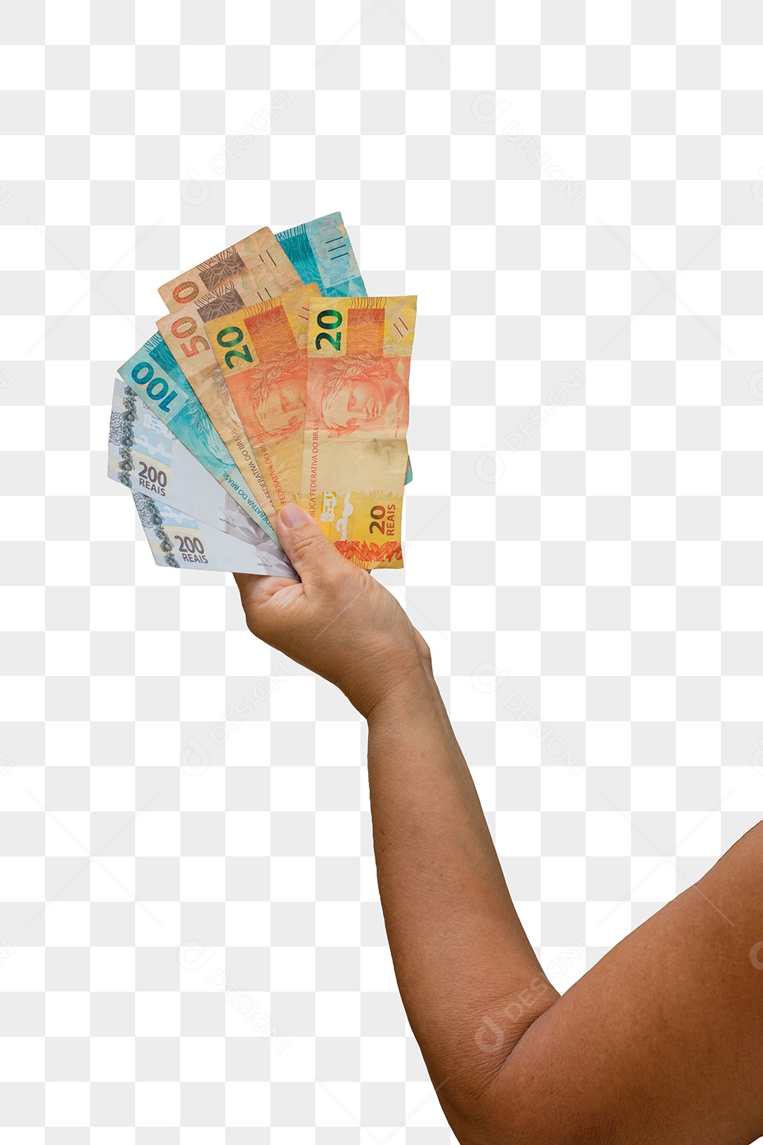 Segurando o dinheiro brasileiro real, notas de 200, 100, 50 e 20