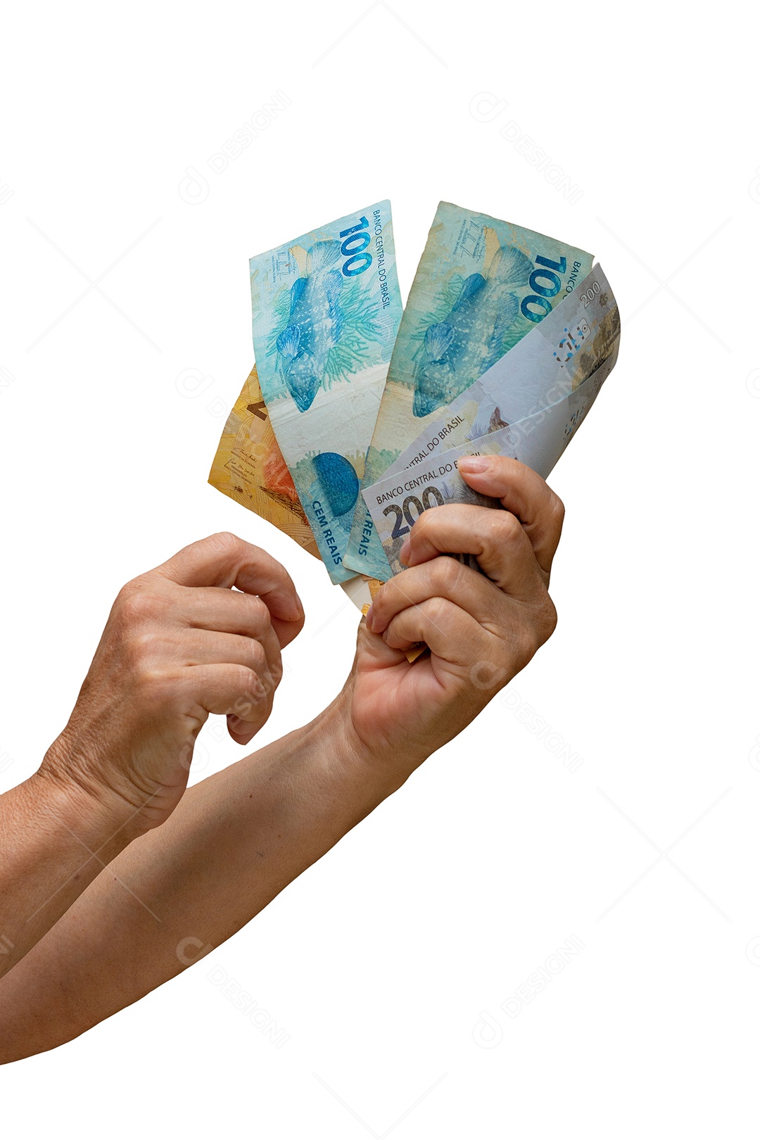 Segurando o dinheiro brasileiro real notas de 200 100 50 e 20