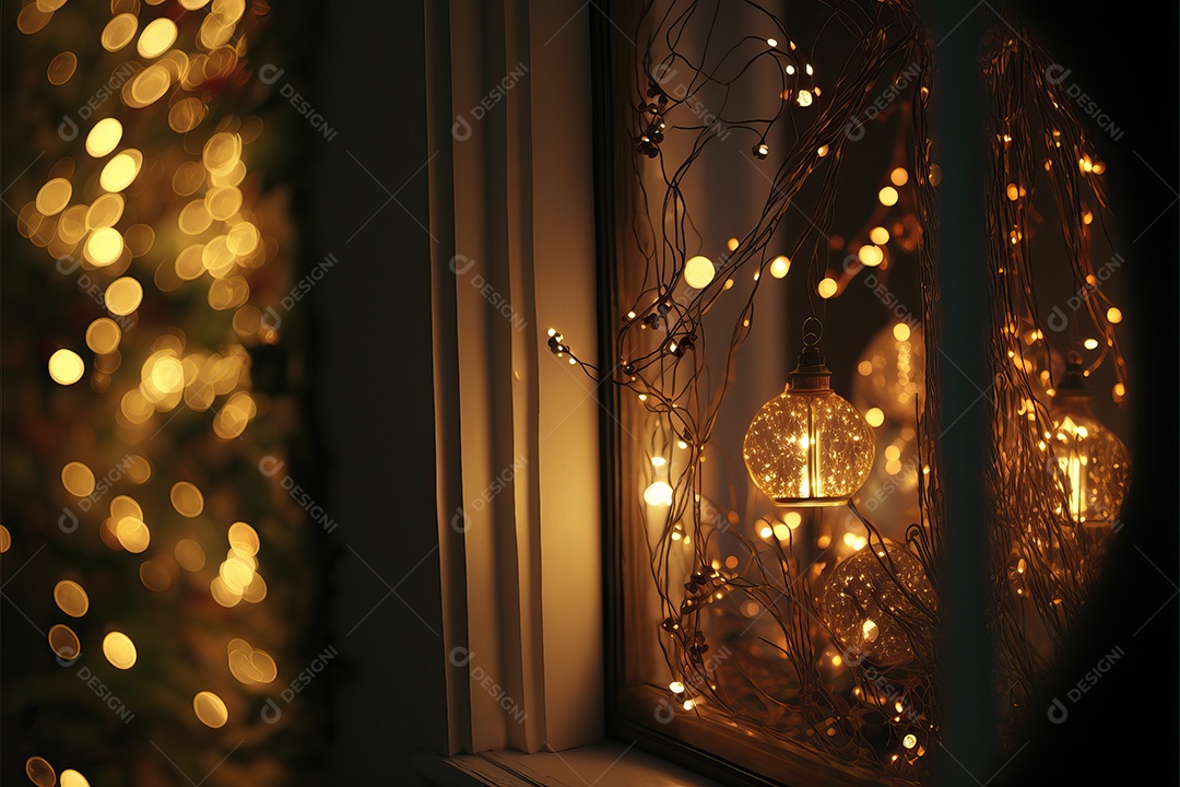 Guirlanda de luz de Natal na janela e decoração em fundo colorido com foco  seletivo e fundo desfocado. [download] - Designi