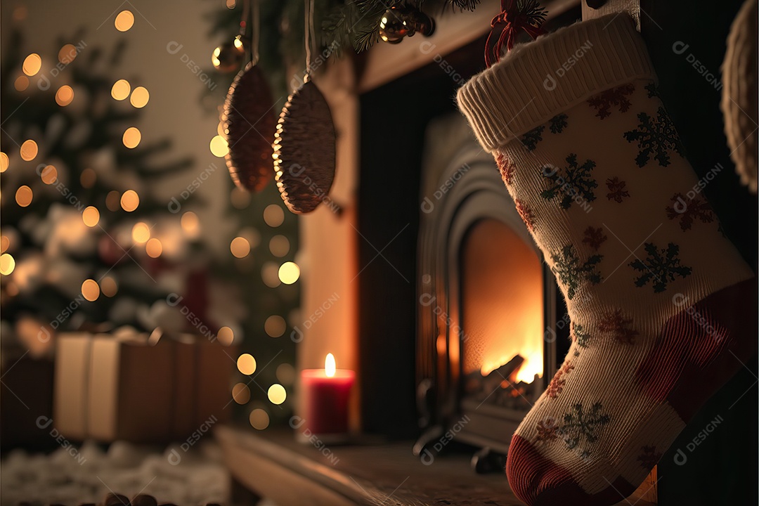 Meias de Natal na lareira e decoração em fundo colorido com foco seletivo e  fundo desfocado. [download] - Designi
