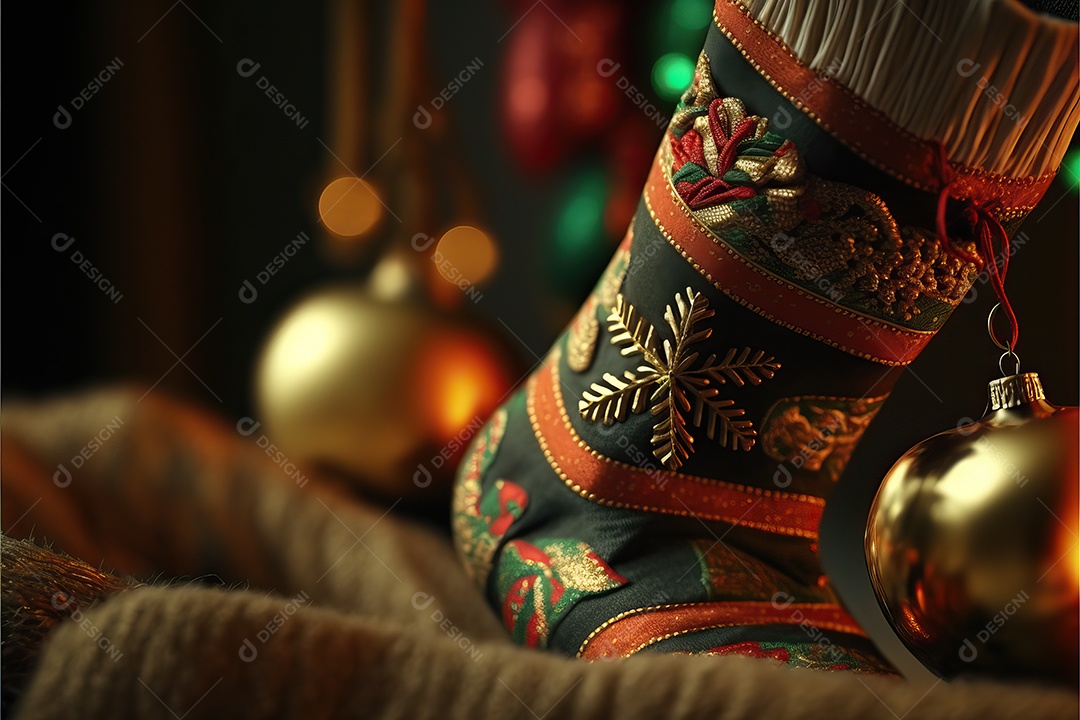 Meias de Natal na lareira e decoração em fundo colorido com foco seletivo e  fundo desfocado. [download] - Designi