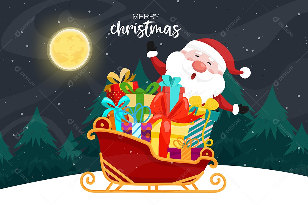 Papai Noel trenó sobre neve na noite de Natal com lua cheia Vetor EPS  [download] - Designi