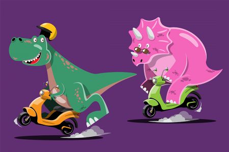 Dinossauro Rosa andando de Bicicleta em Desenho Animado Vetor EPS