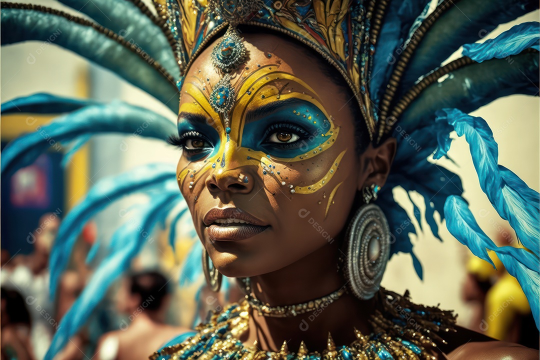 Passistas, dançarinos com máscara e fantasia de carnaval
