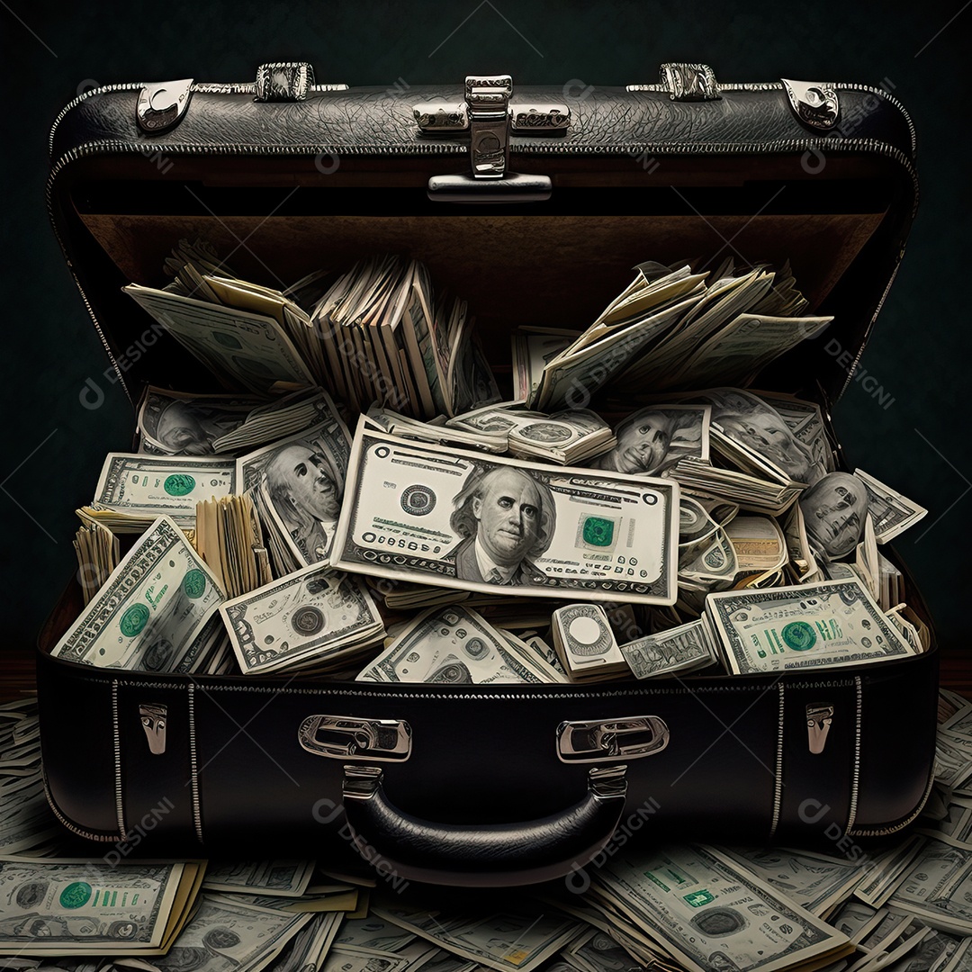 Uma mala executiva aberta cheia de dinheiro transbordando com várias notas de dólar