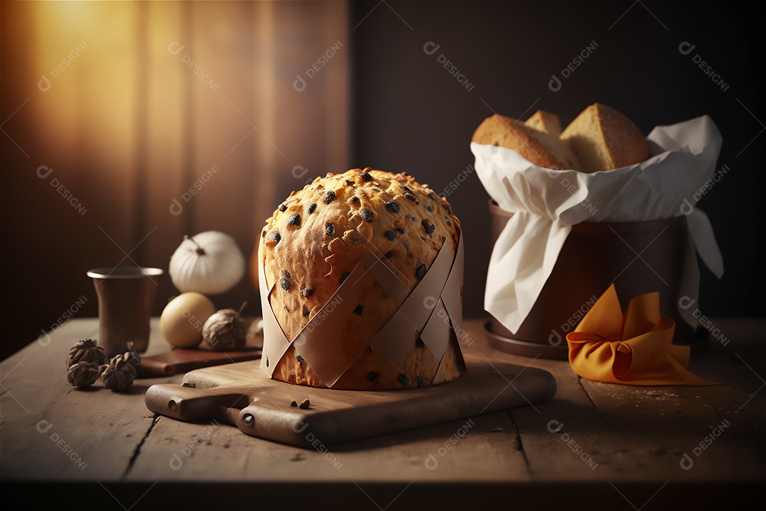 Panettone italiano caseiro na mesa de madeira rústica. Bolo tradicional de  Natal com frutas cristalizadas vista frontal [download] - Designi