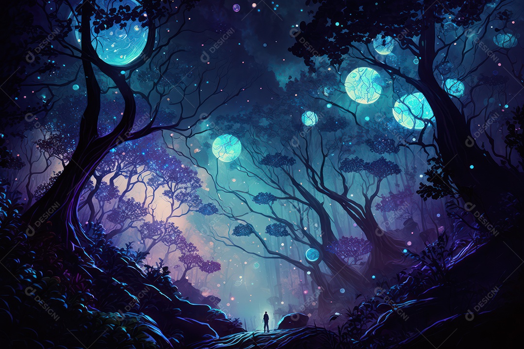 Floresta encantada de conto de fadas iluminada por grandes árvores de  bioluminescência, lua e bela vegetação. Pintura digital [download] - Designi