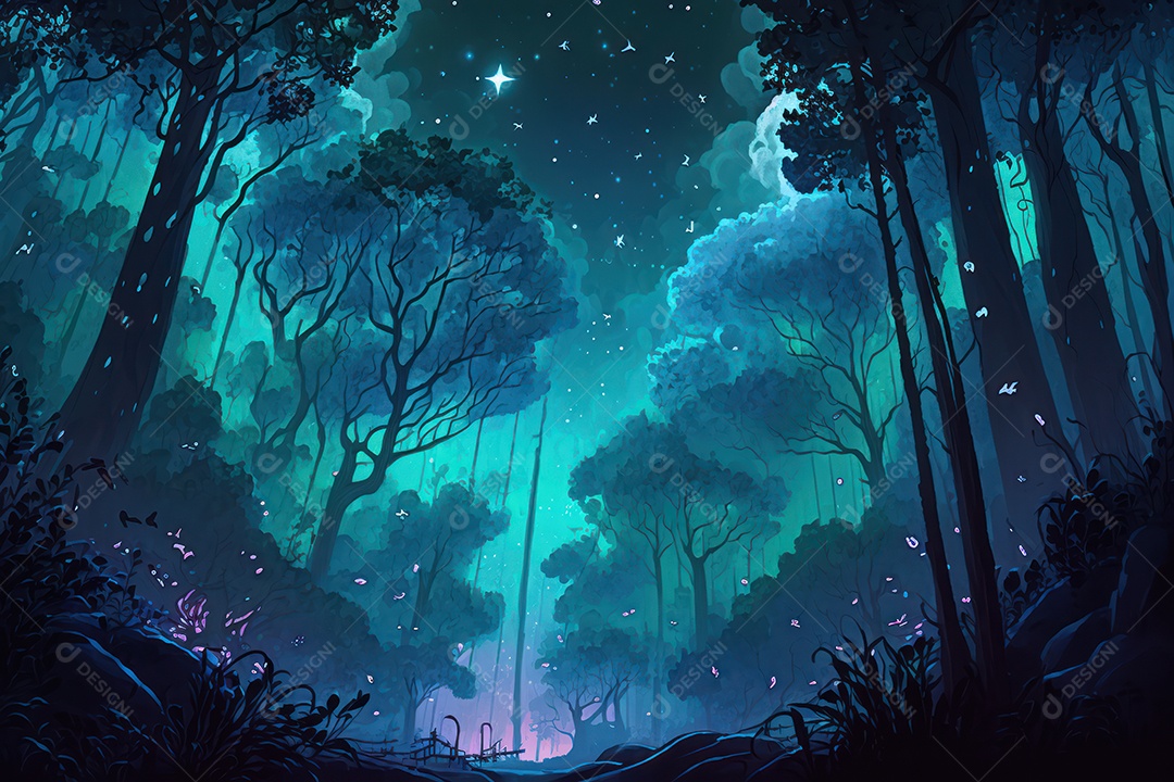 Floresta encantada de conto de fadas iluminada por grandes árvores