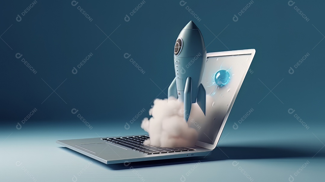 Laptop com um foguete decolando Conceito de ganhar dinheiro online trabalhando em negócios digitais empreendedorismo criptomoeda investimento marketing digital.