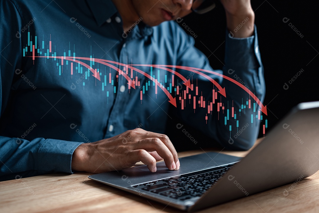 Perda de dinheiro do investidor empresário analisar gráfico de ações, gráfico de previsão e análise