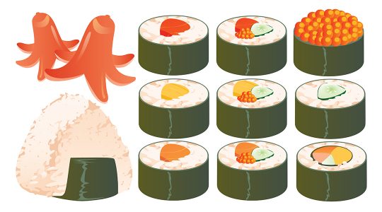 ilustração em vetor personagem de rolo de sushi fofo kawaii com