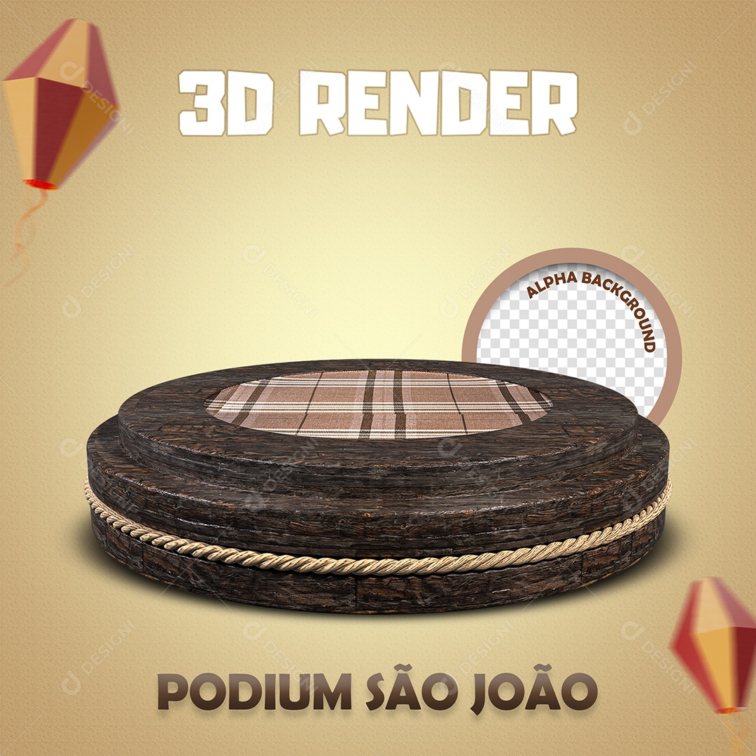 Elemento 3D de Madeira de São João com Textura Xadrez Vermelho PSD  [download] - Designi