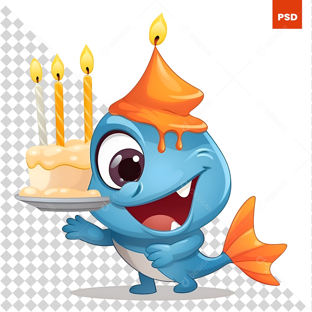 Feliz Peixe Azul de Desenho Animado Com Bolo e Velas PSD [download] -  Designi