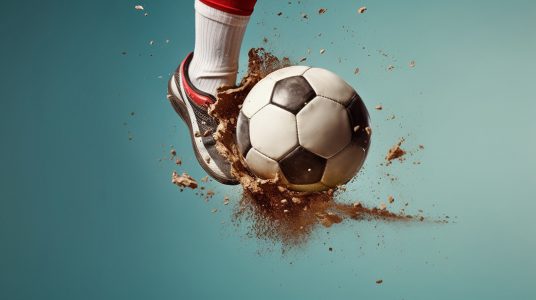 Homem branco chutando bola de futebol ou futebol no jogo de competição.  [download] - Designi