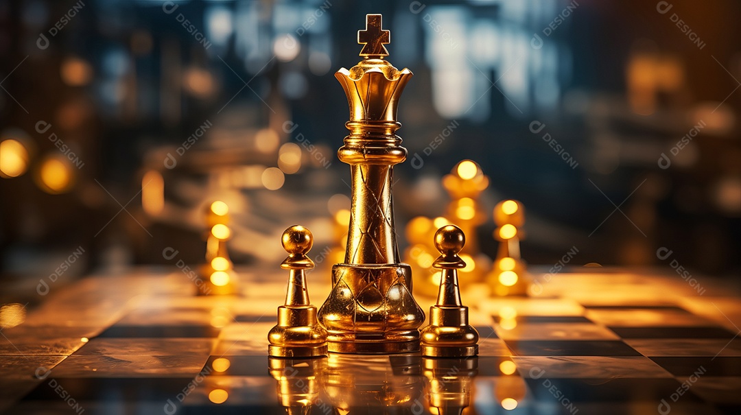 Peça de xadrez rainha dourada 3d no fundo azul