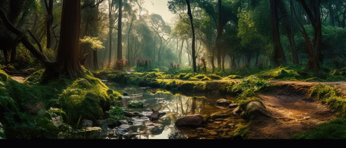 Linda floresta encantada de conto de fadas, cenário mágico de fantasia com  grandes árvores e vegetação [download] - Designi
