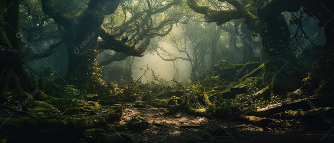 Ambiente de fantasia de uma floresta mágica no estilo de arte