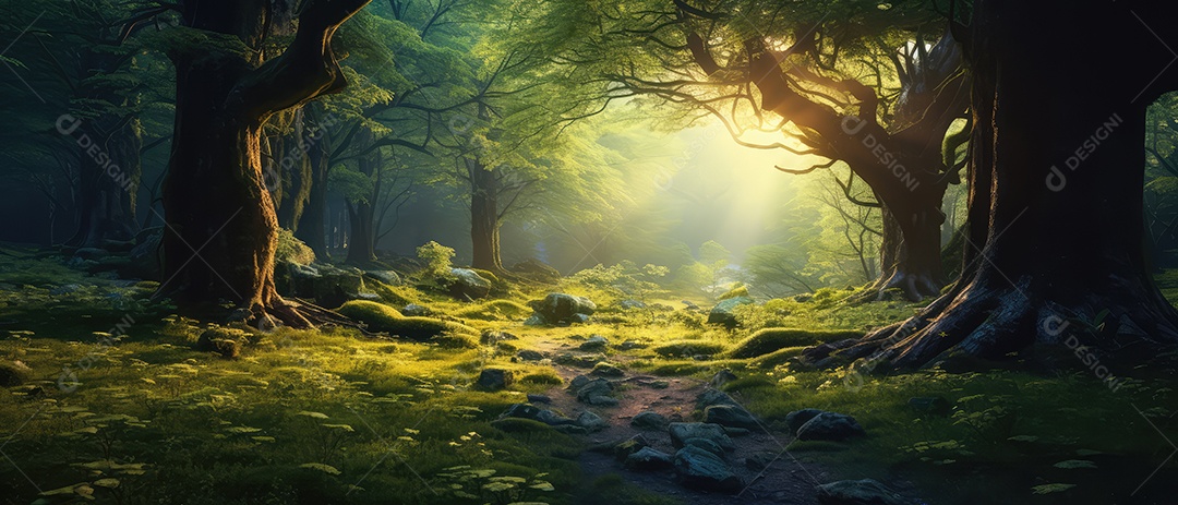 Linda floresta encantada de conto de fadas, cenário mágico de fantasia com  grandes árvores e vegetação [download] - Designi