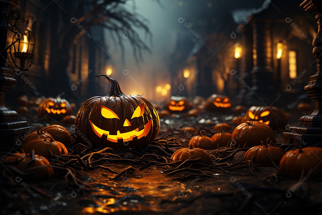 Conjunto De Abóboras De Halloween Renderização 3d Jack O Lantern
